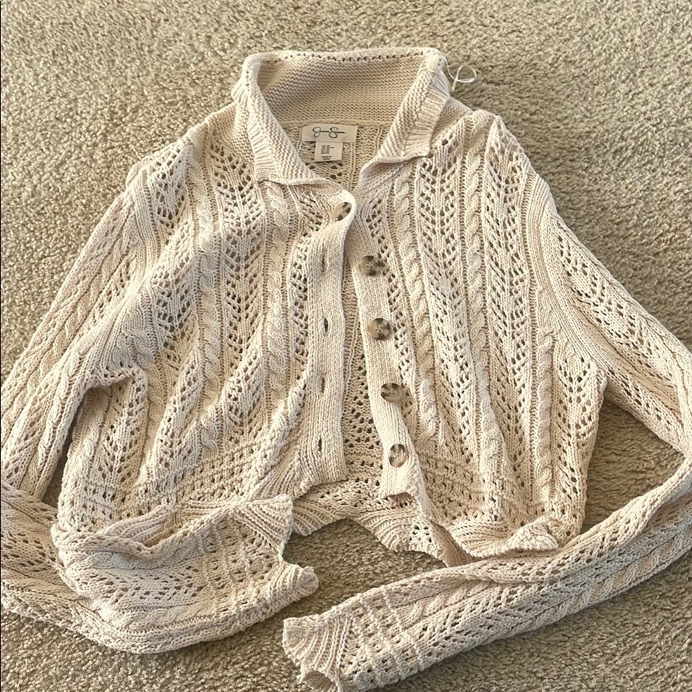Jessica Simpson Cream Cable-Knit Cardigan Sweater
